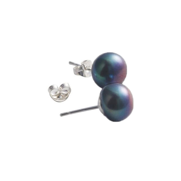 Sterling Silver Black Freshwater 8mm Button Pearl Stud Earrings