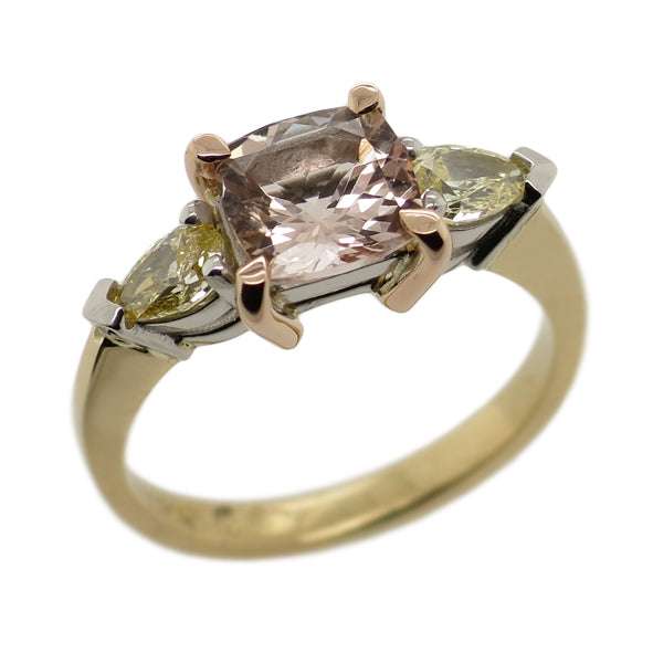 18ct Yellow Rose Gold Platinum Morganite Yellow Diamond Ring