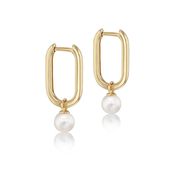 9ct Yellow Gold White Freshwater Pearl Oval Huggie Drop Earrings