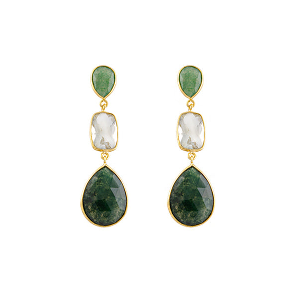BIANC - Sterling Silver Yellow Gold Plated Green Adventurine & Amethyst & Agate 'Jasmine' Earrings