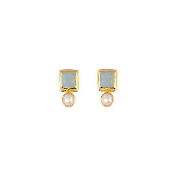 BIANC - Sterling Silver Yellow Gold Plated Aquamarine & Pearl 'Impressionist' Drop Earrings