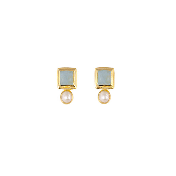 BIANC - Sterling Silver Yellow Gold Plated Milky Aquamarine & Pearl 'Impressionist' Drop Earrings