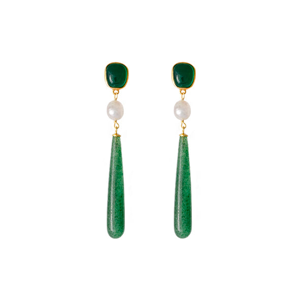 BIANC - Sterling Silver Yellow Gold Green Aventurine & Pearl 'Artisan' Drop Earrings