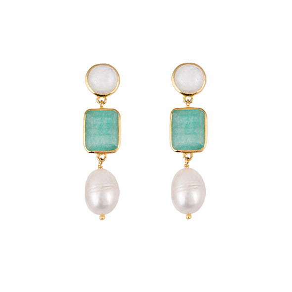 BIANC - Sterling Silver Yellow Gold Plated Moonstone & Amazonite & Pearl 'Bramble' Drop Earrings