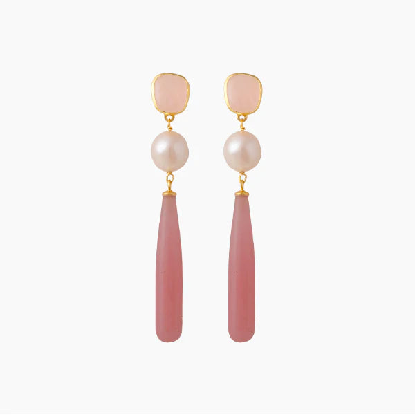 BIANC - Sterling Silver Yellow Gold Plated Freshwater Pearl & Rose Quartz 'Artisan' Drop Earrings