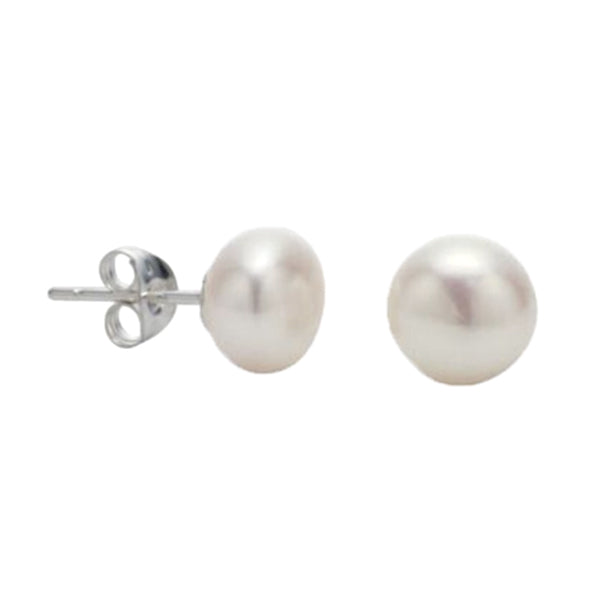 Sterling Silver & White Freshwater 10mm Button Pearl Stud Earrings