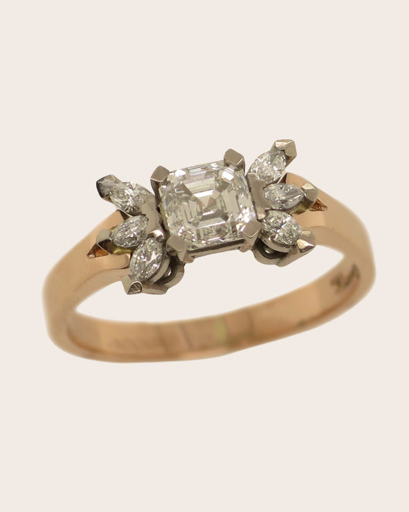 18ct Rose & White Gold Asscher & Marquise Cut Diamond Ring