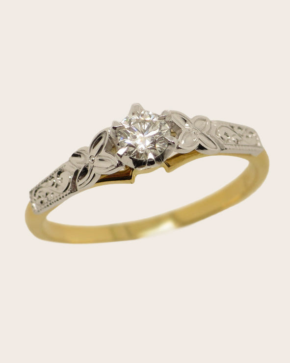 18ct Yellow & White Gold Filigree Round Brilliant Cut Diamond Solitaire Ring