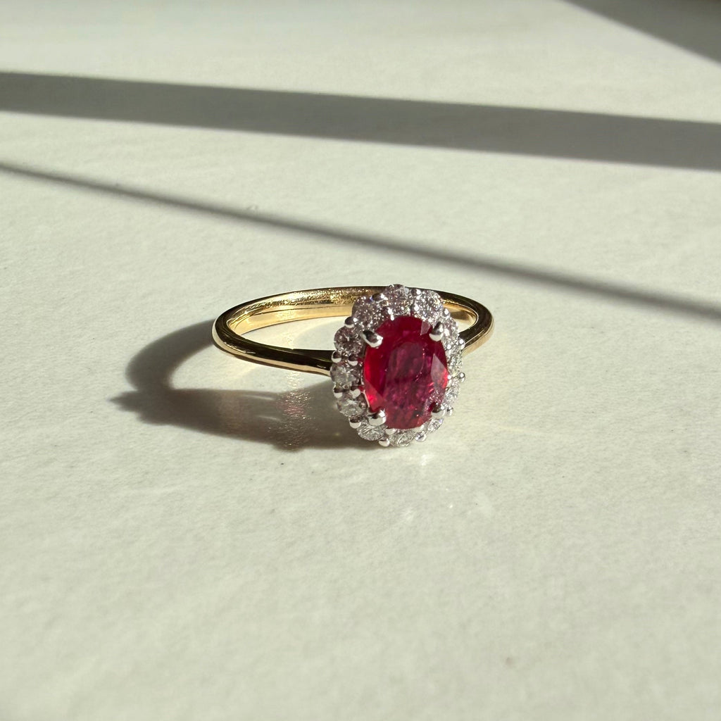 18ct Yellow & White Gold Oval Ruby & Round Brilliant Cut Diamond Cluster Ring