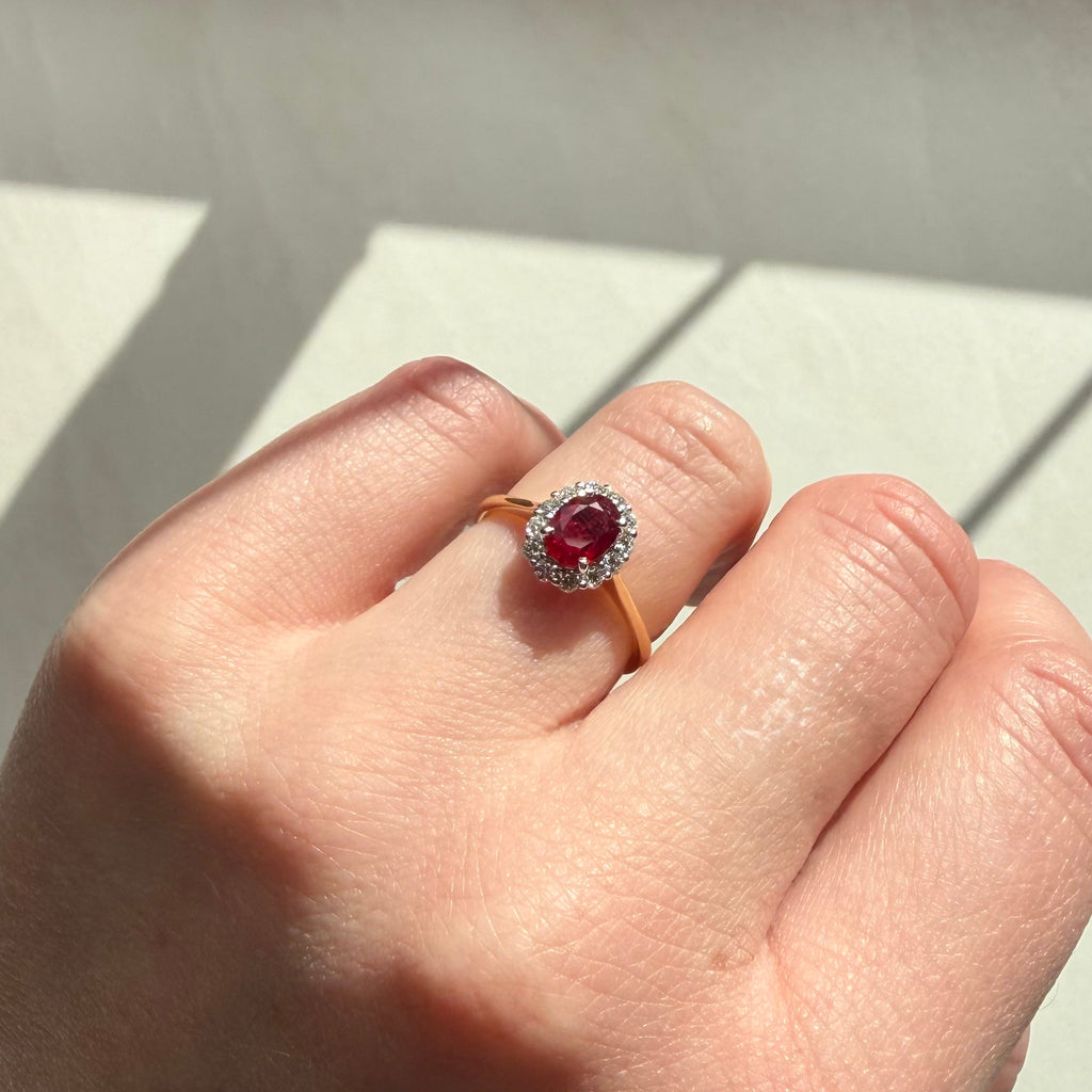 18ct Yellow & White Gold Oval Ruby & Round Brilliant Cut Diamond Cluster Ring