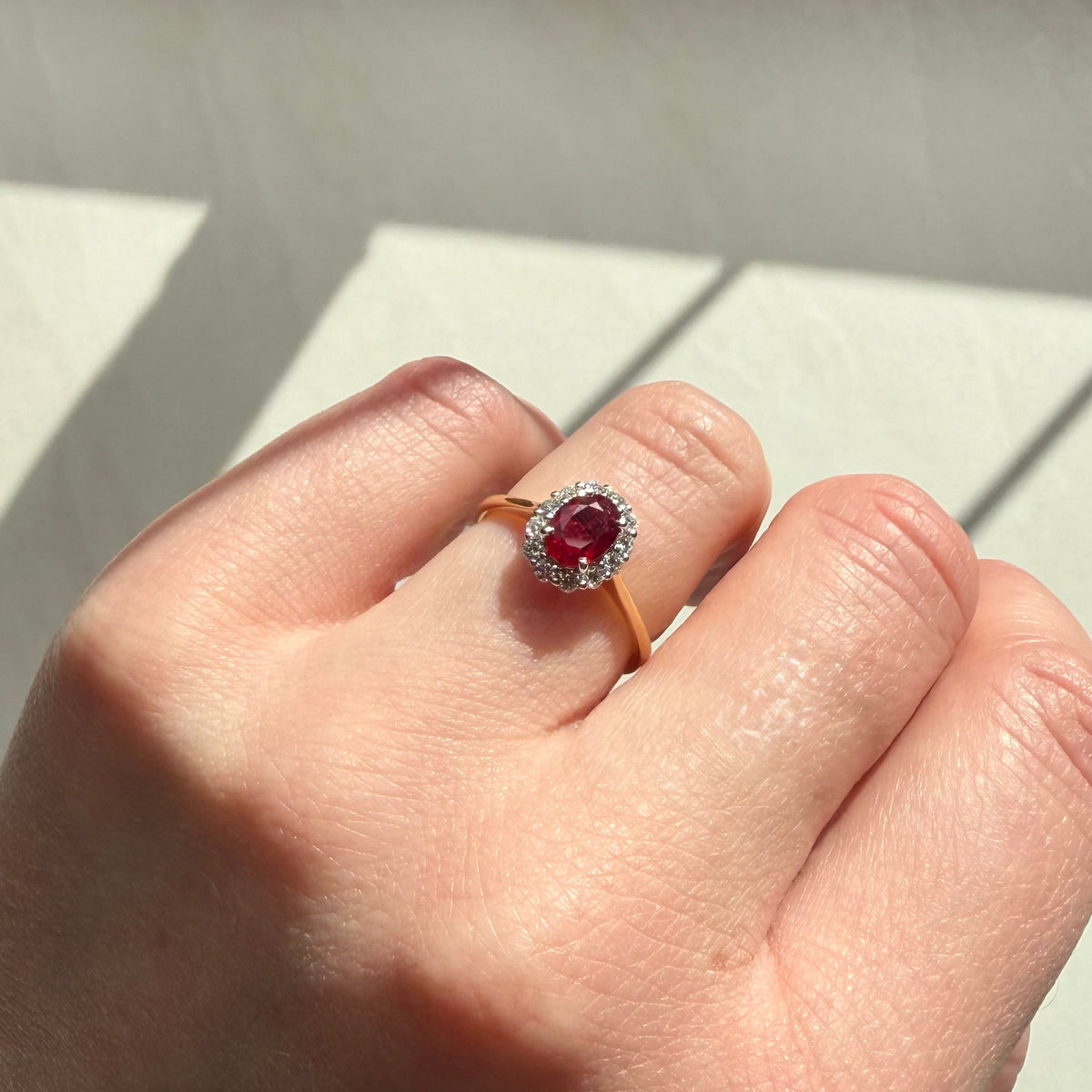 18ct Yellow & White Gold Oval Ruby & Round Brilliant Cut Diamond Cluster Ring