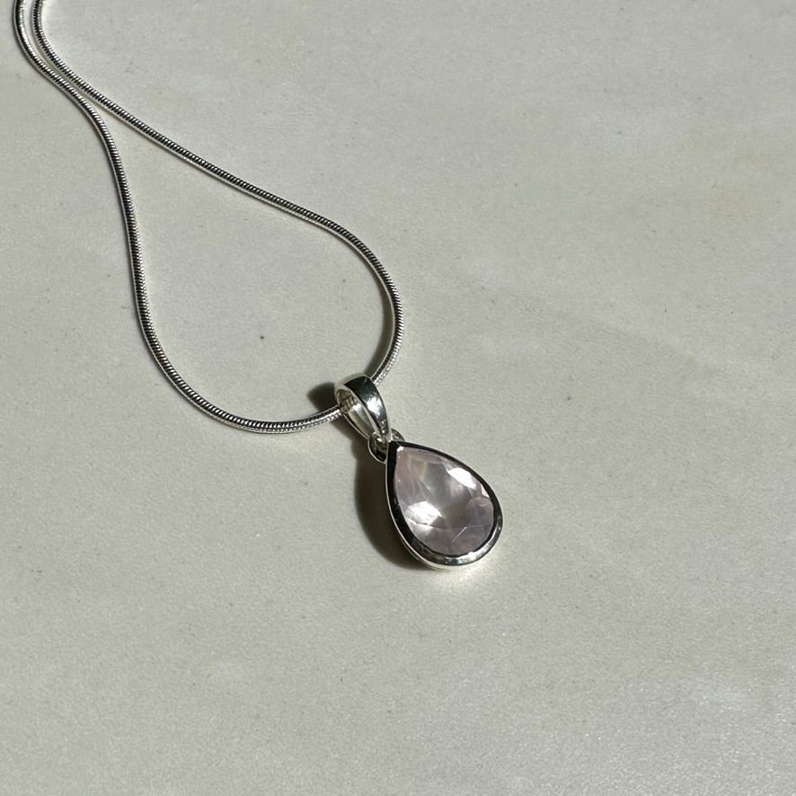 Sterling Silver Small Pear Cut Rose Quartz Pendant