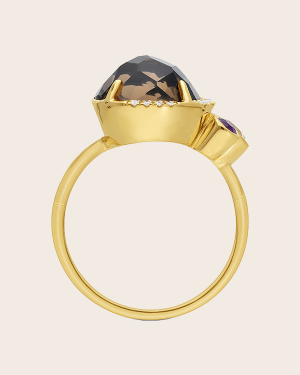 9ct Yellow Gold Smokey Quartz Clear Quartz Amethyst & Round Brilliant Cut Diamond Ring
