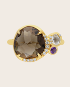9ct Yellow Gold Smokey Quartz Clear Quartz Amethyst & Round Brilliant Cut Diamond Ring