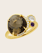 9ct Yellow Gold Smokey Quartz Clear Quartz Amethyst & Round Brilliant Cut Diamond Ring