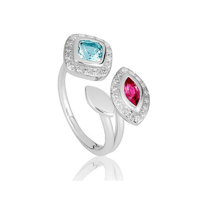 9ct White Gold Pink Tourmaline Blue Topaz & Round Brilliant Cut Diamond Ring