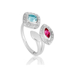 9ct White Gold Pink Tourmaline Blue Topaz & Round Brilliant Cut Diamond Ring