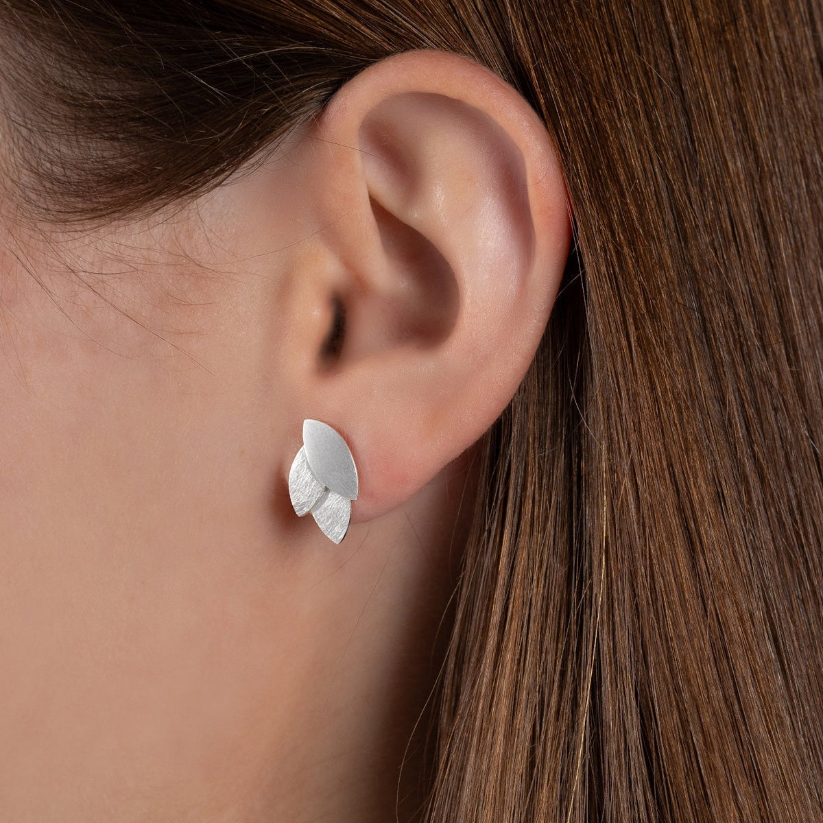 Sterling Silver Triple Leaf Matt Finished Stud Earrings
