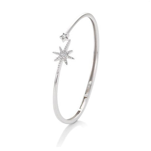 9ct White Gold Round Brilliant Cut Diamond Double Star Snap Bangle