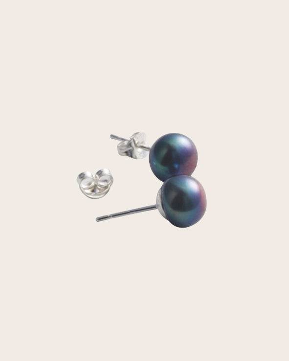 Sterling Silver & Black Freshwater 6mm Button Pearl Stud Earrings