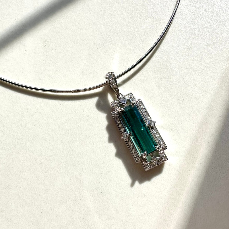 9ct White Gold Blue Tourmaline Baguette Cut & Diamond Cluster Pendant