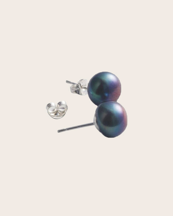 Sterling Silver & Black Freshwater 8mm Button Pearl Stud Earrings