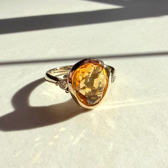 9ct Yellow Gold Freeform Golden Citrine & Round Brilliant Cut Diamond Ring