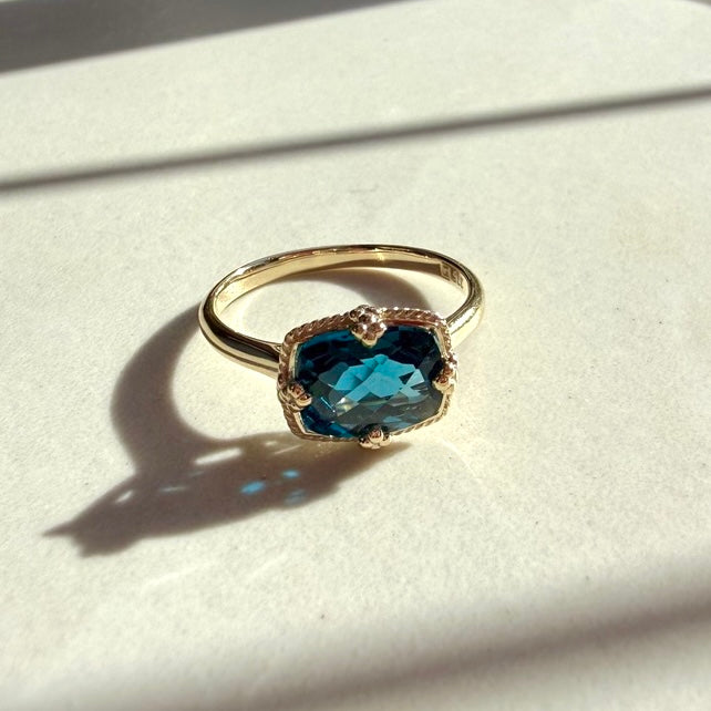9ct Yellow Gold Cushion Chequerboard Cut London Blue Topaz Ring