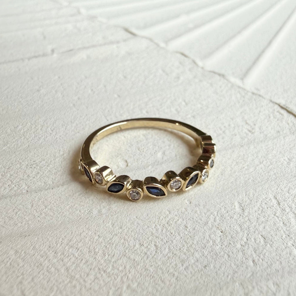 9ct Yellow Gold Marquise Sapphire & Round Brilliant Cut Diamond Band