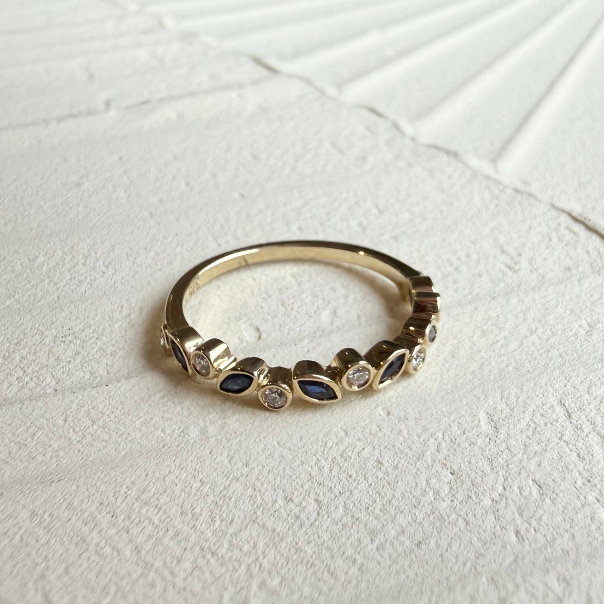 9ct Yellow Gold Marquise Sapphire & Round Brilliant Cut Diamond Band