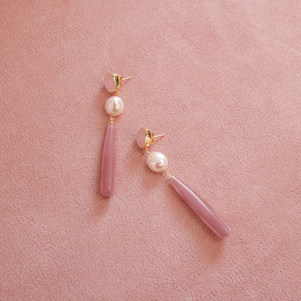 BIANC - Sterling Silver Yellow Gold Plated Freshwater Pearl & Rose Quartz 'Artisan' Drop Earrings