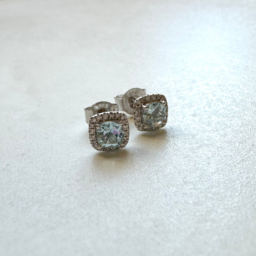 9ct White Gold Cushion cut Aquamarine & Diamond Stud Earrings