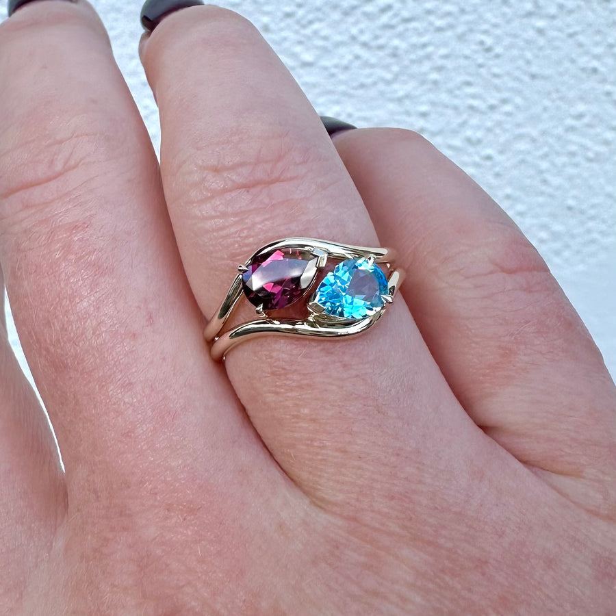 9ct Yellow Gold Blue Pear Cut Topaz Stacker Ring