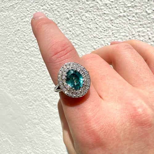 9ct White & Yellow Gold Blue Zircon & Diamond Cluster Ring
