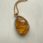 9ct Yellow Gold & Platinum Polish Amber & Round Brilliant Cut Diamond Pendant