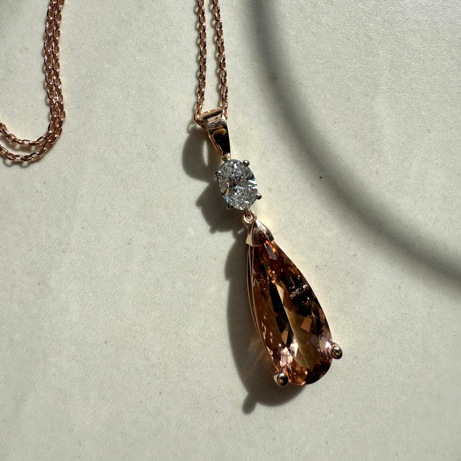 9ct Rose Gold & Platinum Peach Tourmaline & Laboratory Grown Oval Cut Diamond Pendant