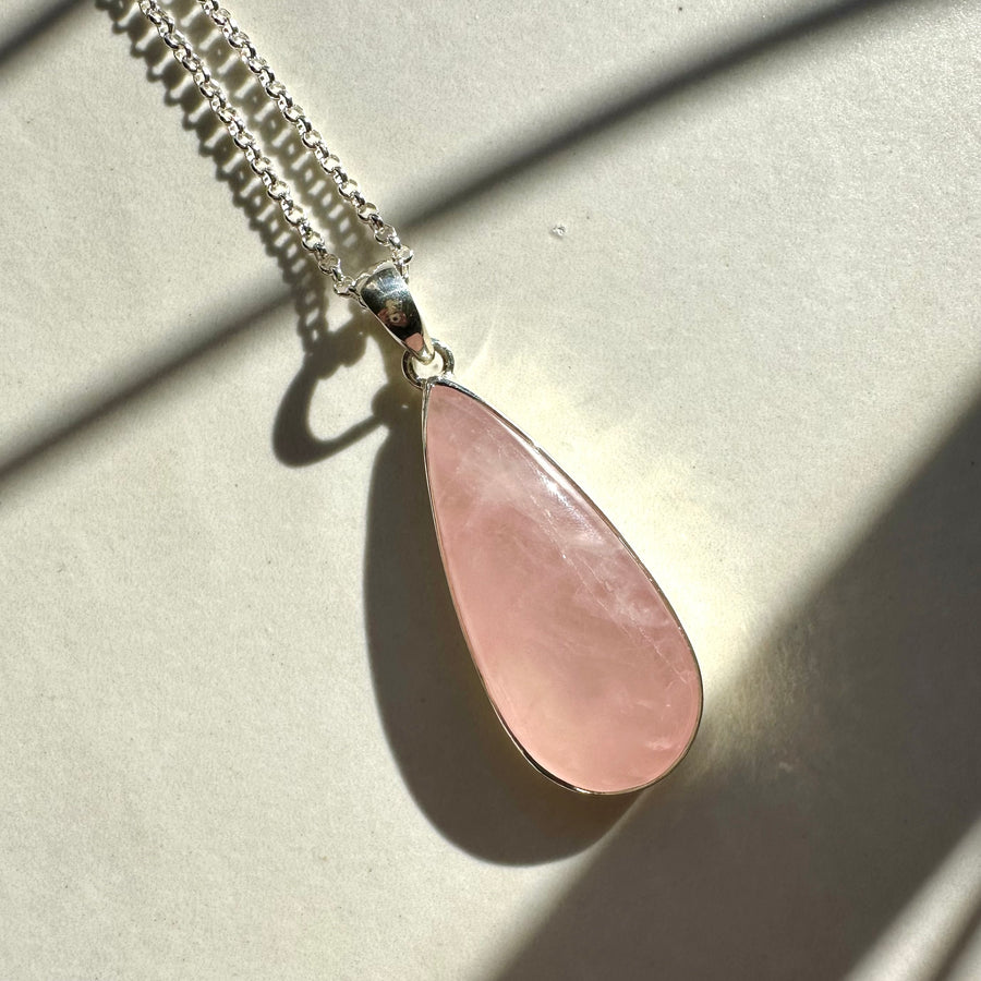 Sterling Silver Teardrop Rose Quartz Rubover Pendant