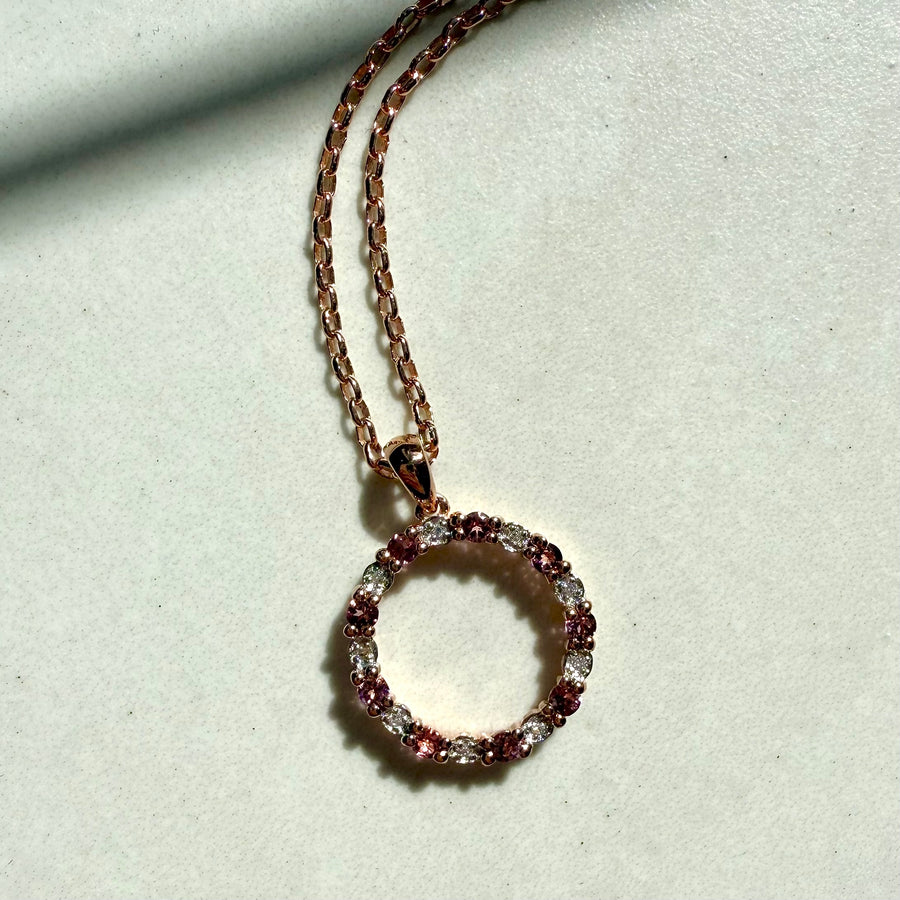 9ct Rose Gold Pink Tourmaline & Diamond Open Circle Pendant
