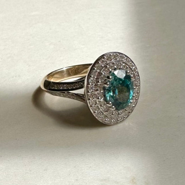 9ct White & Yellow Gold Blue Zircon & Diamond Cluster Ring