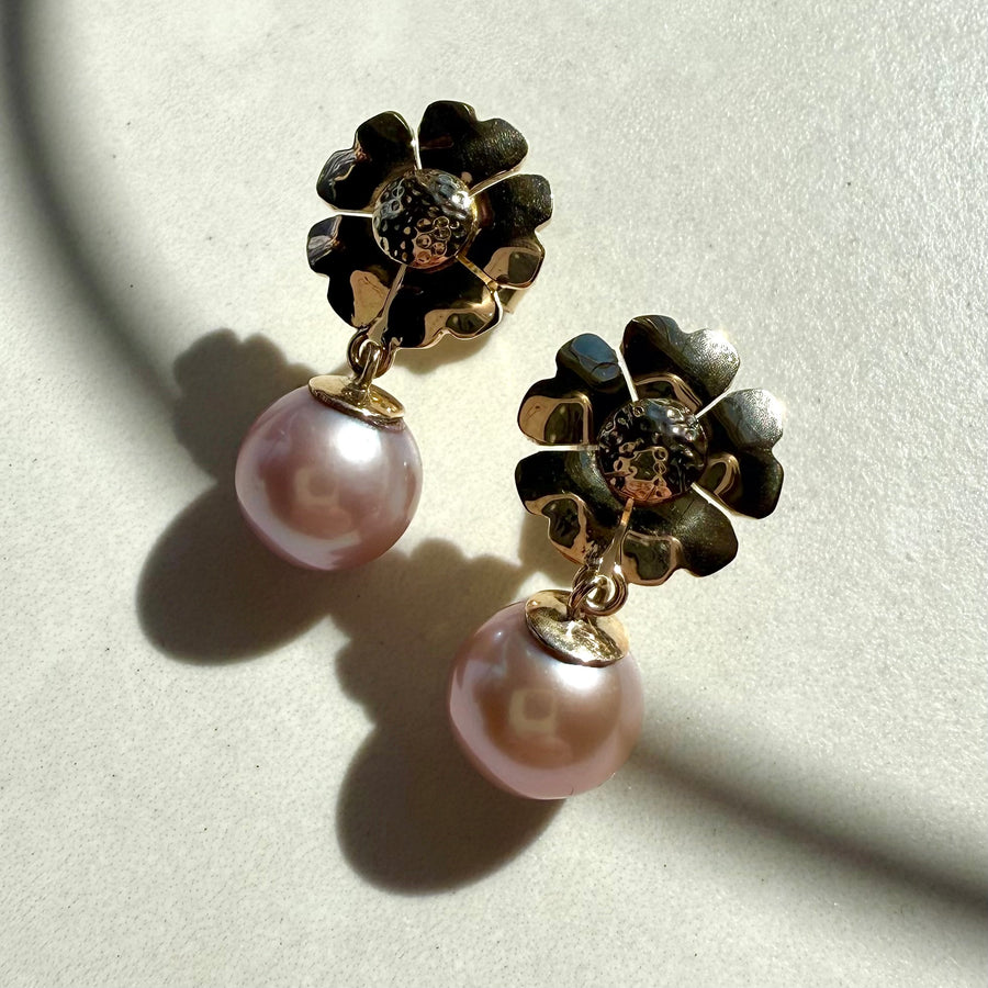 9ct Yellow Gold & Natural Pink Pearl Flower Drop Earrings