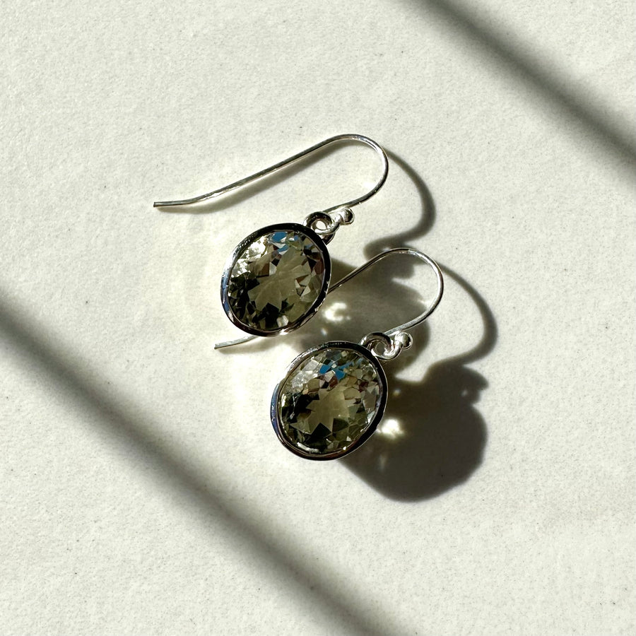 Sterling Silver Oval Fancy Cut Green Amethyst Drop Earrings