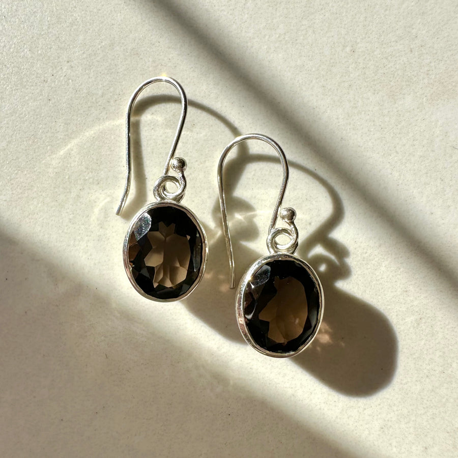 Sterling Silver Oval Fancy Cut Smokey Quartz Drop Earrings