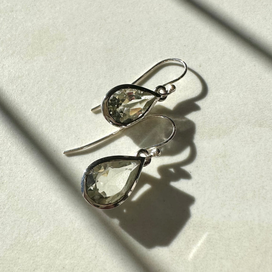 Sterling Silver Teardrop Fancy Cut Green Amethyst Drop Earrings