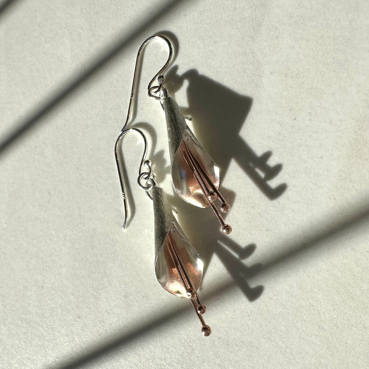 Sterling Silver & Rose Gold Plated Brushed Kowhai Flower Drop Earrings