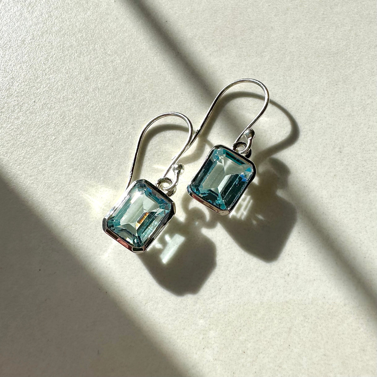 Sterling Silver Swiss Blue Topaz Emerald Cut Drop Earrings