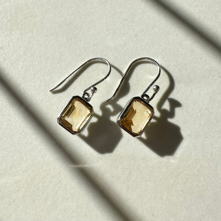 Sterling Silver Rectangular Citrine Emerald Cut Style Drop Earrings