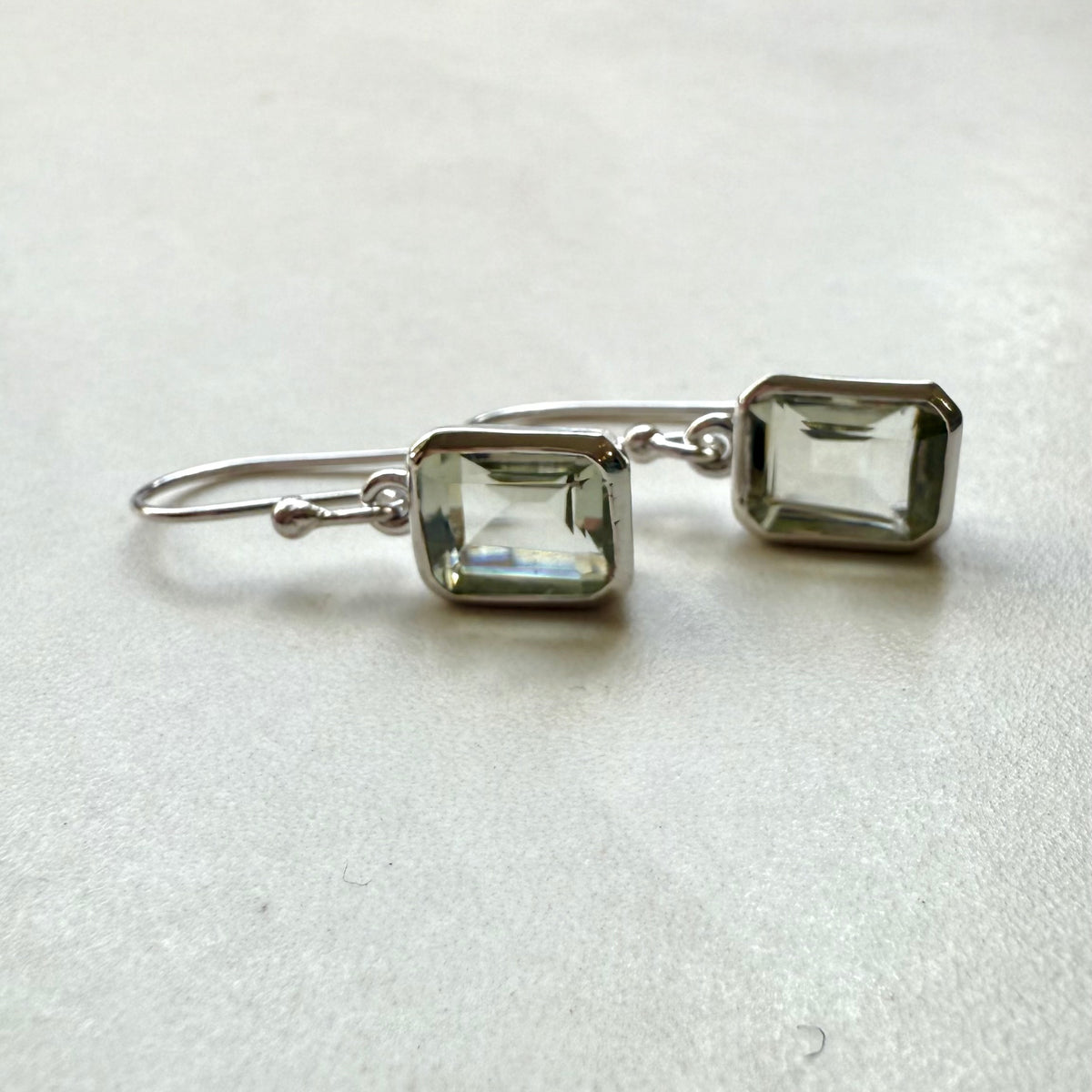 Sterling Silver Emerald Cut Green Quartz Drop Earrings