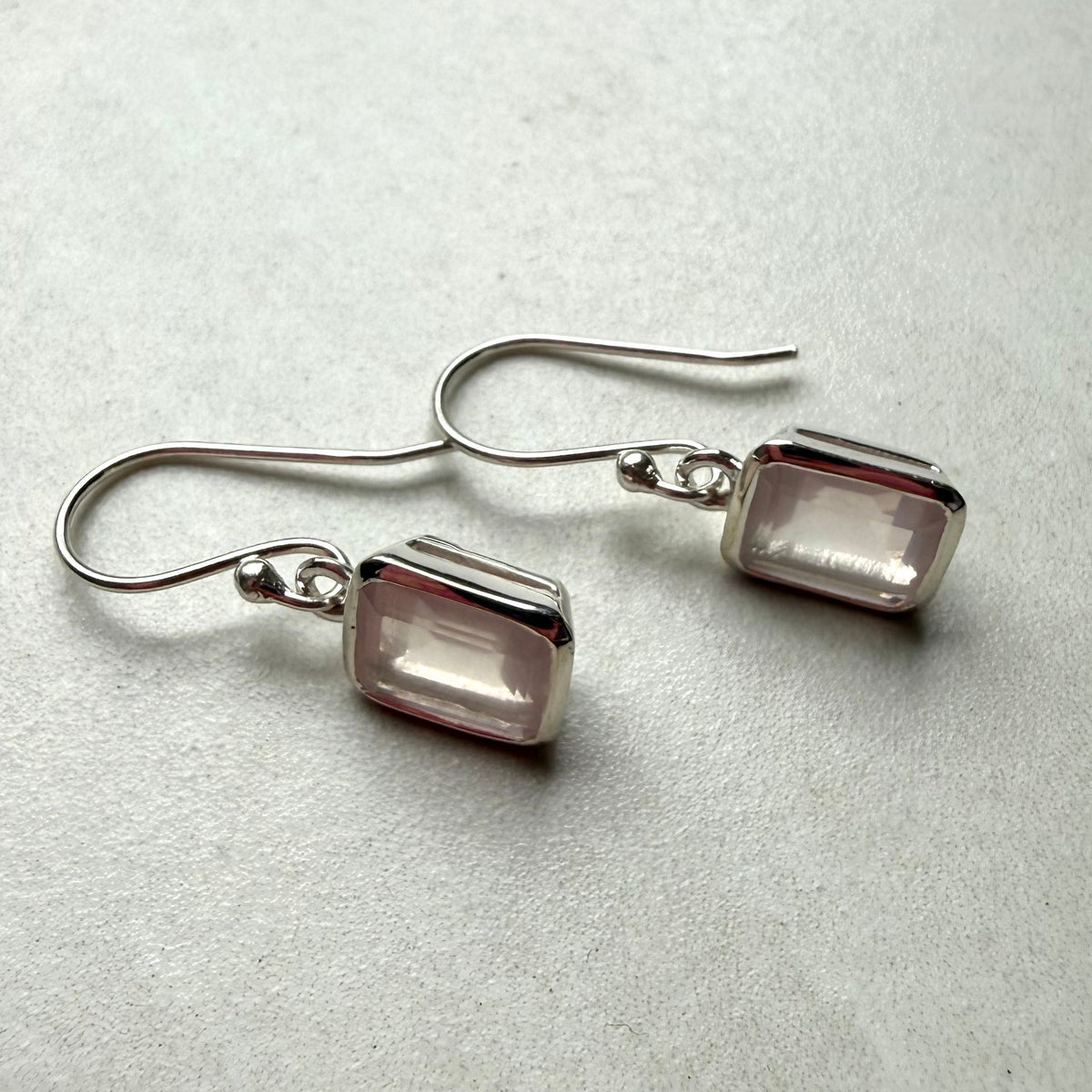 Sterling Silver Emerald Cut Rose Quartz Drop Earrings