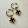 9ct Yellow Gold Black Onyx Clover Charm Hoop Earrings