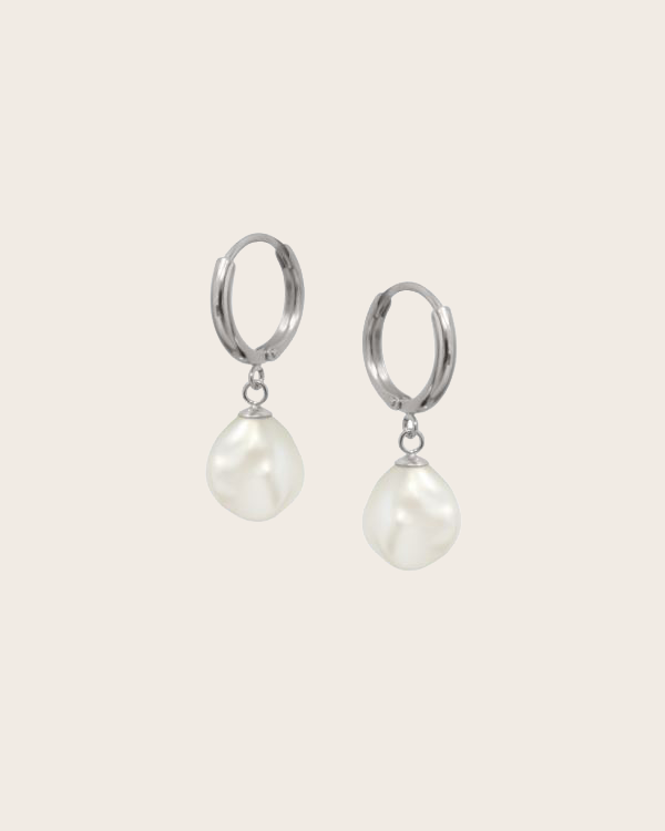 Sterling Silver Freshwater White Keshi Pearl Huggie Hoop Earrings